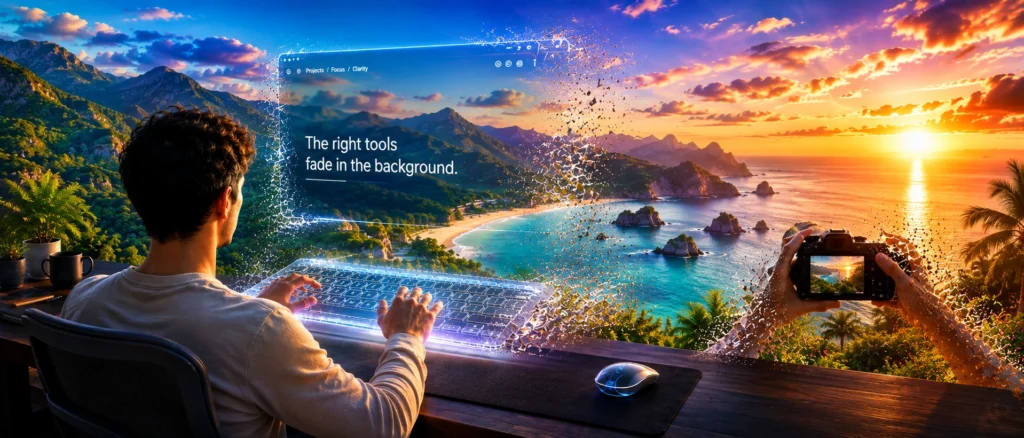 Digital nomad working at a laptop as technology fades into the background