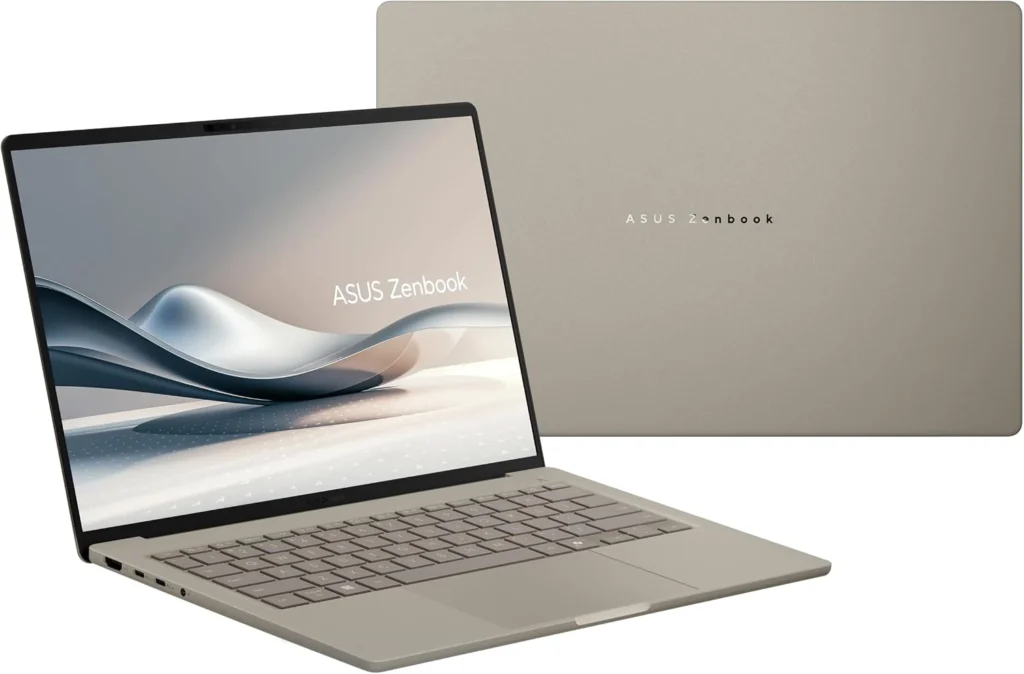 ASUS Zenbook A14 laptop showing its lightweight Ceraluminum design