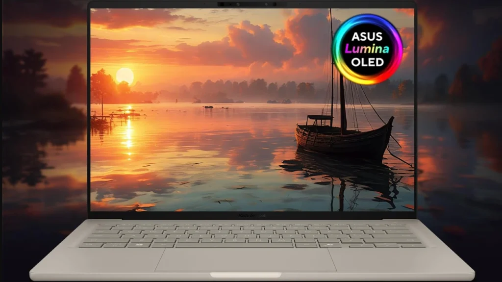 ASUS Zenbook A14 with Lumina OLED display showing a vivid sunset scene