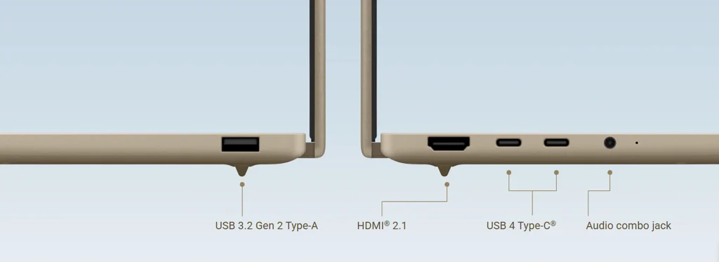 ASUS Zenbook A14 ports showing USB-A, HDMI 2.1, USB4 Type-C, and audio combo jack