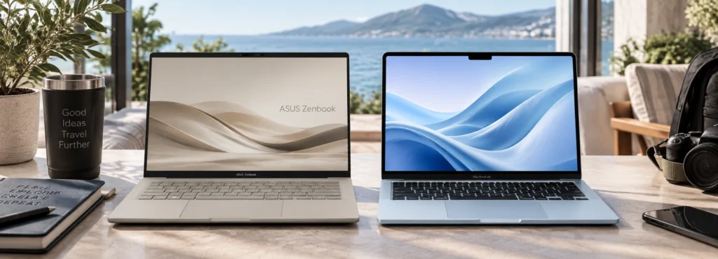 ASUS Zenbook A14 and MacBook Air side by side in a travel workspace