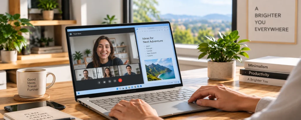 ASUS Zenbook A14 showing its webcam during a video call with the backlit keyboard visible