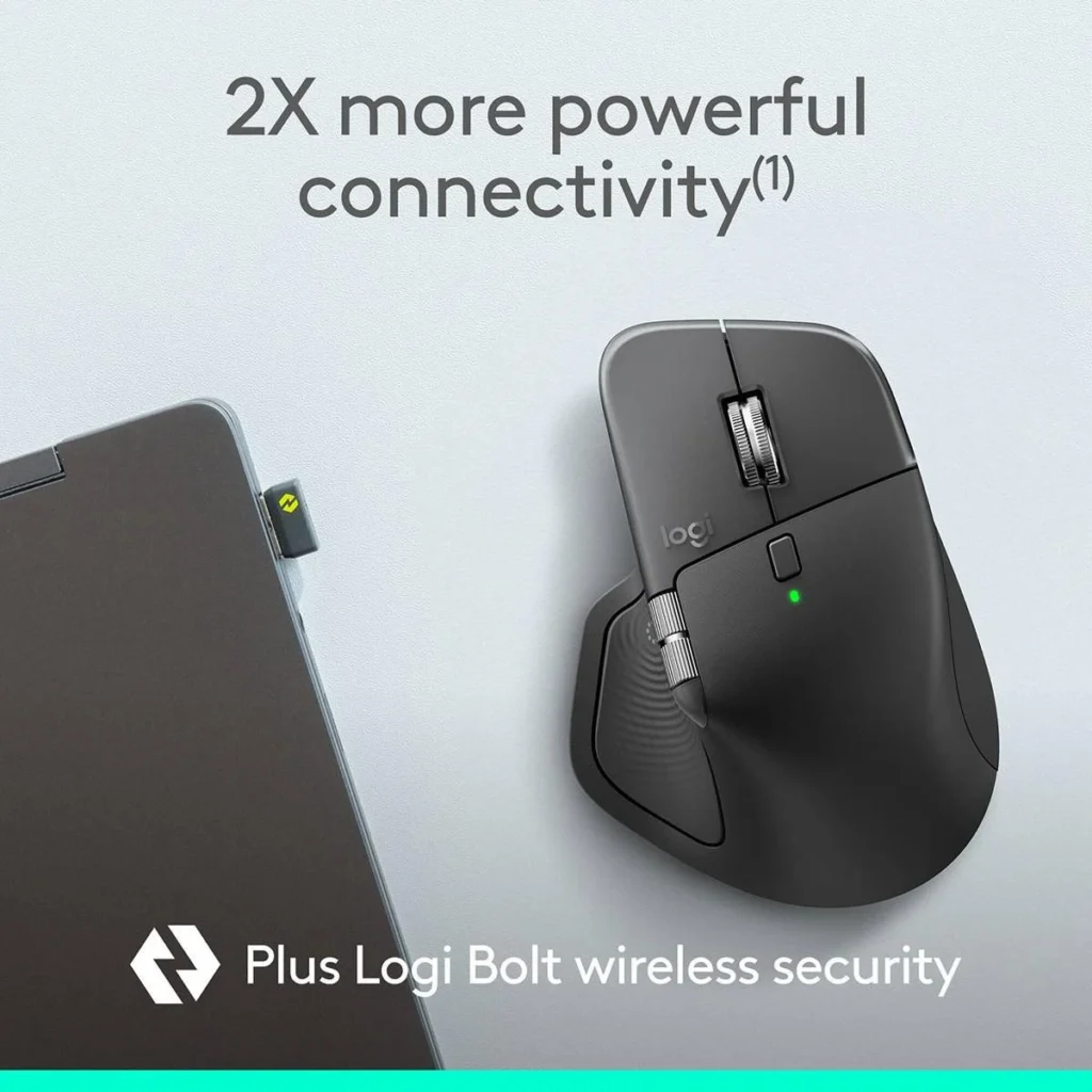Logitech MX Master 4 Review 2026 Logitech MX Master 4 with Logi Bolt receiver plugged into a laptop