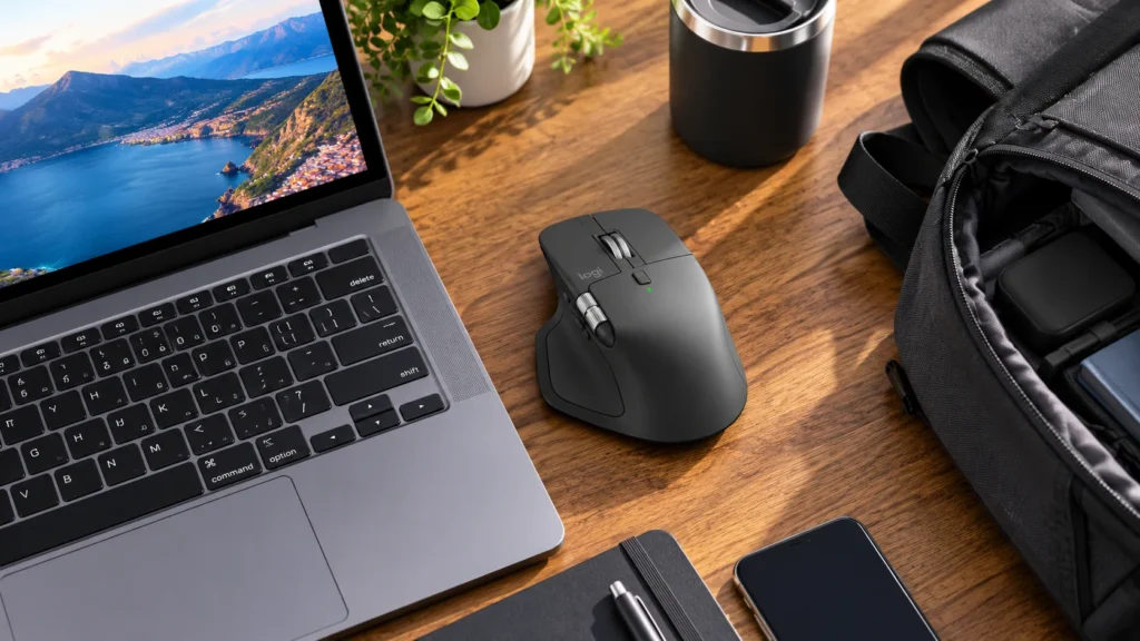 Logitech MX Master 4 Review 2026 Logitech MX Master 4 beside a laptop and travel backpack