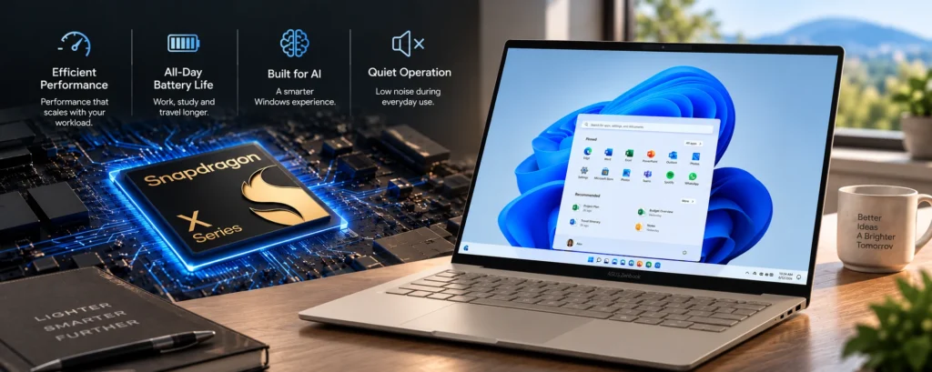Snapdragon X Series processor and ASUS Zenbook A14 illustrating efficient performance and AI capabilities