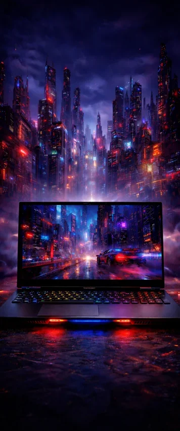 High-performance gaming laptop with dedicated GPU displaying a neon cyberpunk city scene on a high-refresh display